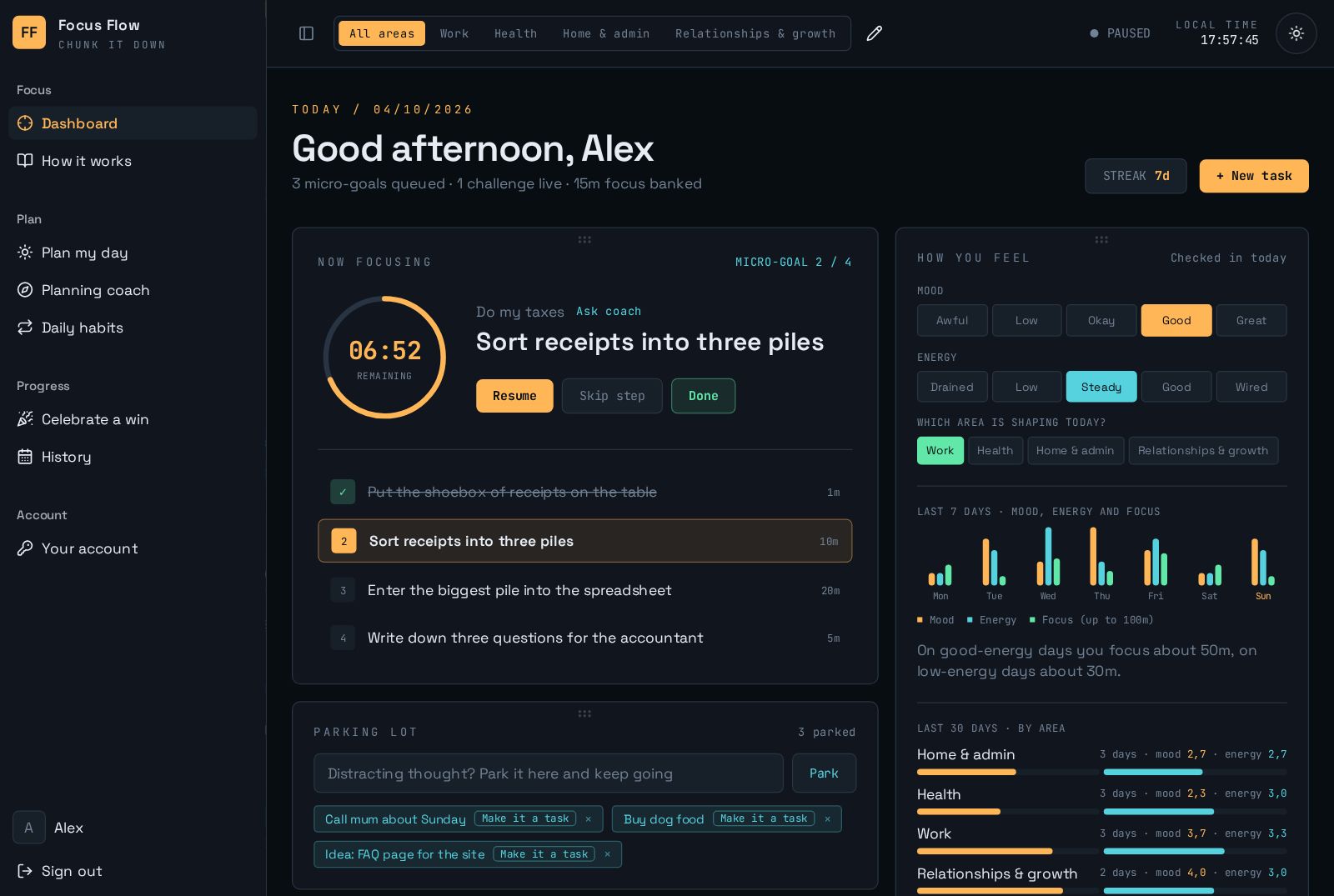 Mad Flow dashboard with one task, a ring timer and the parking lot