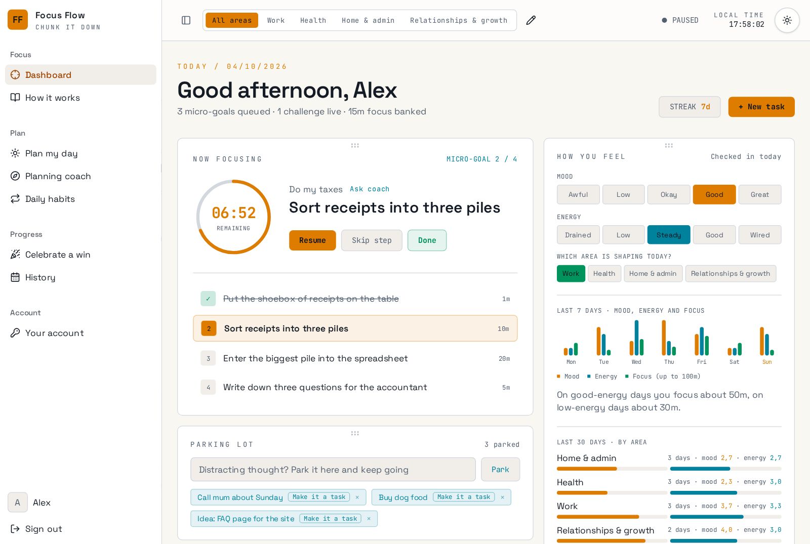 Mad Flow dashboard with one task, a ring timer and the parking lot