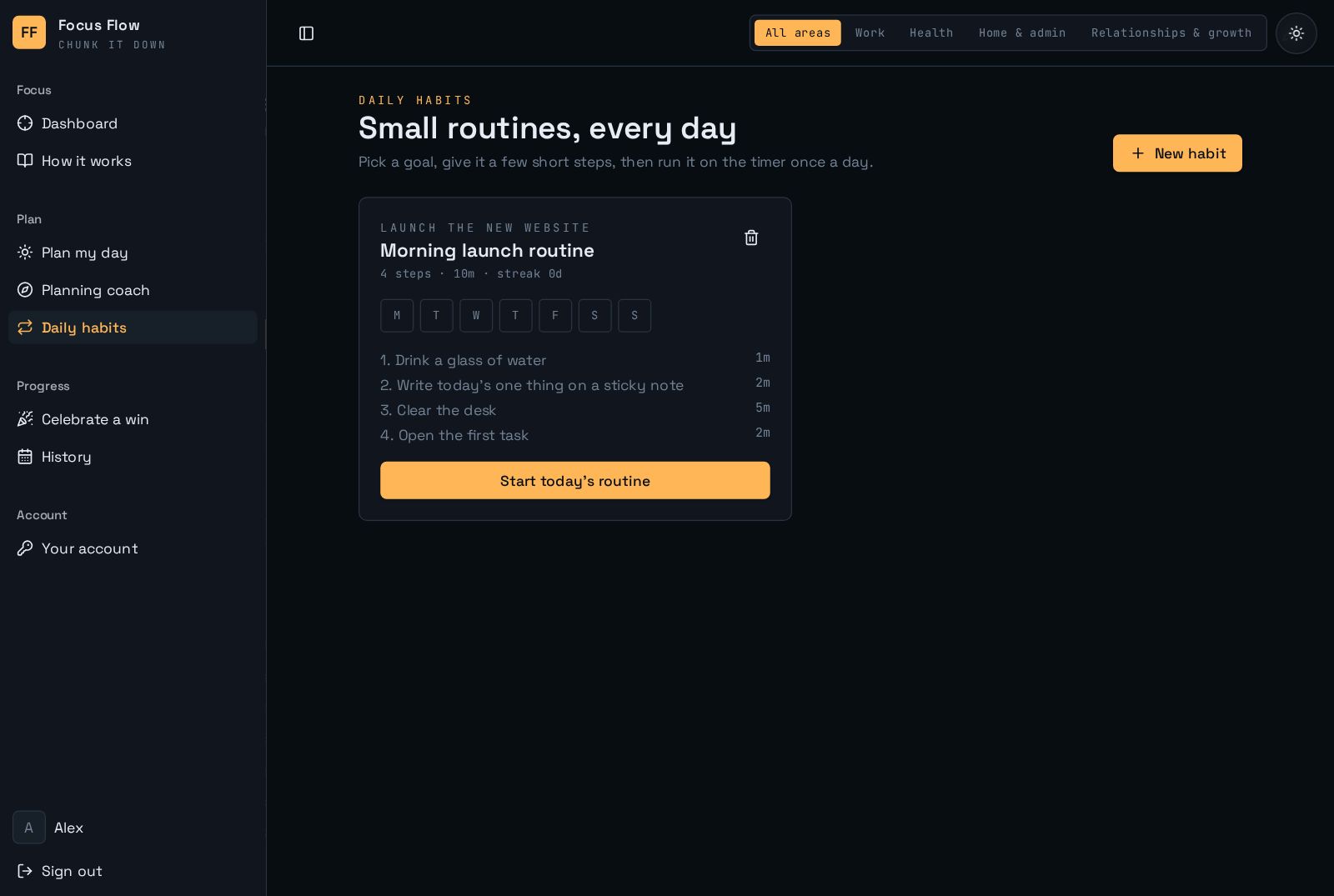 Daily habits with a step-by-step routine timer
